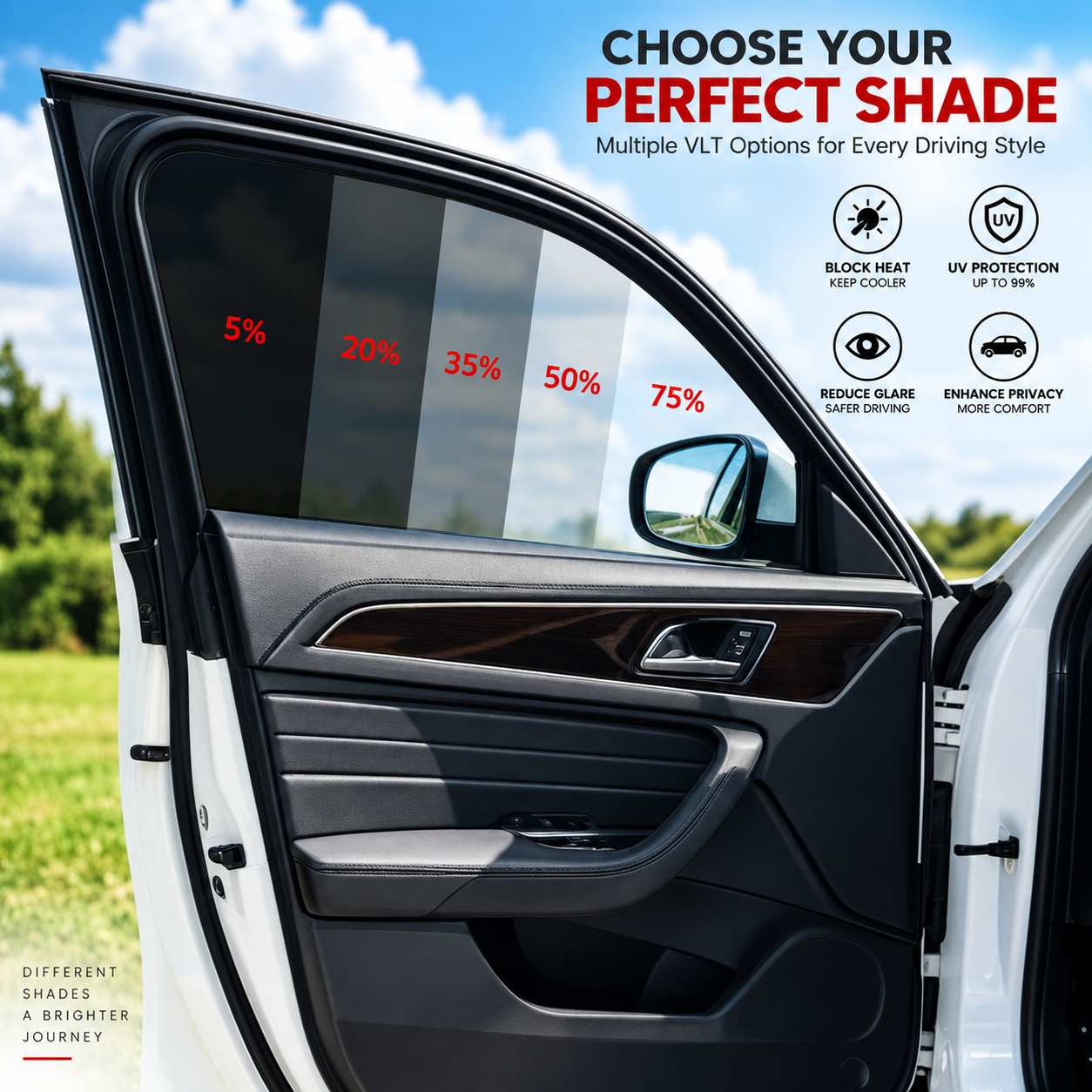 Window film shade comparison shown on a car window